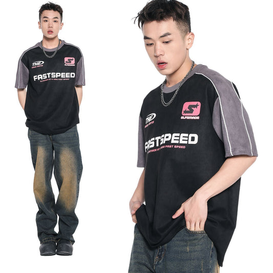 2025 JT921 2025n Street 2025 Summer Letter Premium Design Men's Loose Splicing Suede Short Sleeve T-Shirt