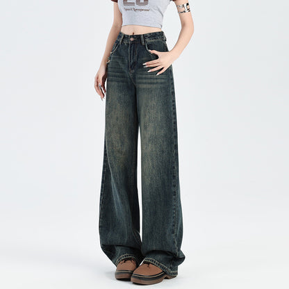 2025 Cement gray jeans women's autumn popular new high waist thin ripped straight narrow version mopping small pants