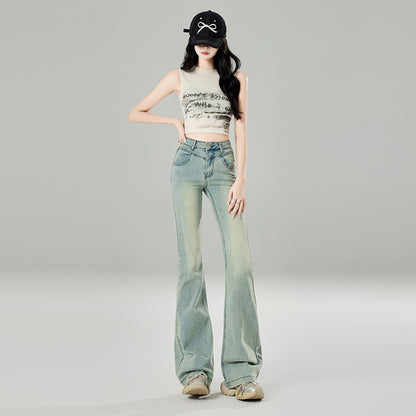 2025 Light blue micro-horn jeans women's popular summer and autumn new high-waisted retro design horseshoe horn pants