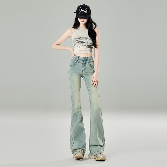 2025 Light blue micro-horn jeans women's popular summer and autumn new high-waisted retro design horseshoe horn pants