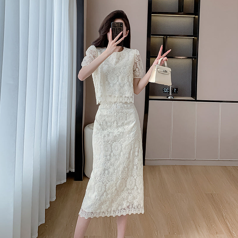 Hollow short-sleeved shirt women's skirt two-piece set 2025 summer new thin design small set