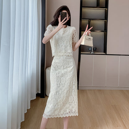 Hollow short-sleeved shirt women's skirt two-piece set 2025 summer new thin design small set