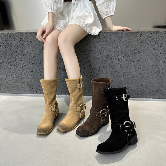 2025 Leather Cow Velvet Wasteland Boots Merad Western Cowboy Boots Khaki Belt Buckle Pile Boots
