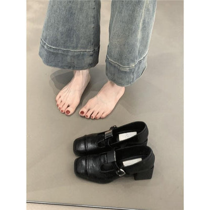 2025  Vintage Mary Jane shoes  square head with single shoes commuting thick heel loafers small leather shoes women