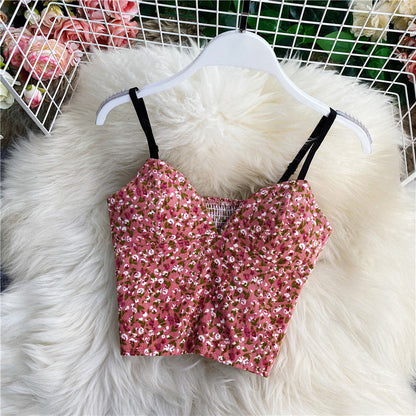 qgtao outfit inspo Small Floral V-neck Short Sexy Tube Top off-the-Shoulder Slim Inner Strap Sleeveless Wrapped Chest Vest Outer Top for Women