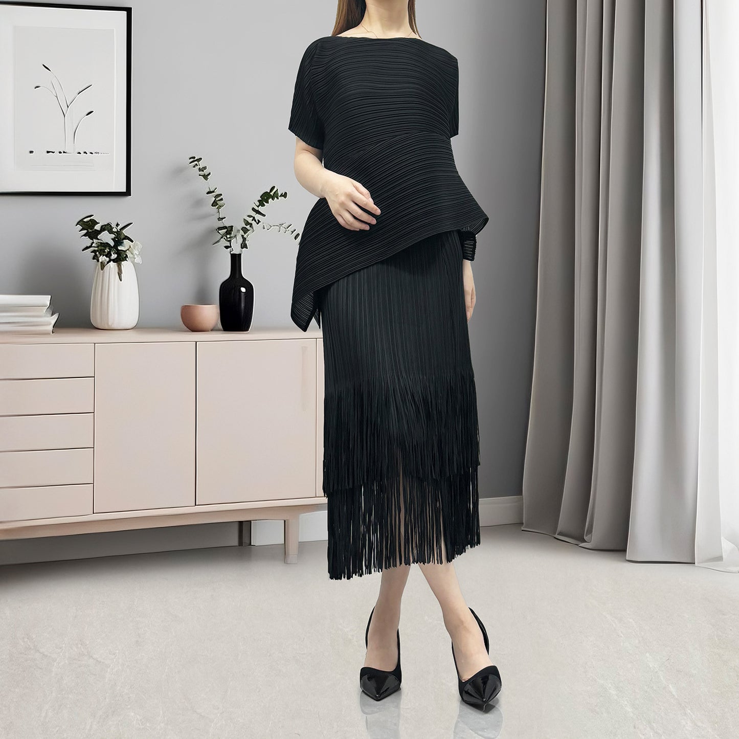 hot-selling suit women's high-end popular black slim short-sleeved T-shirt fringed hip skirt