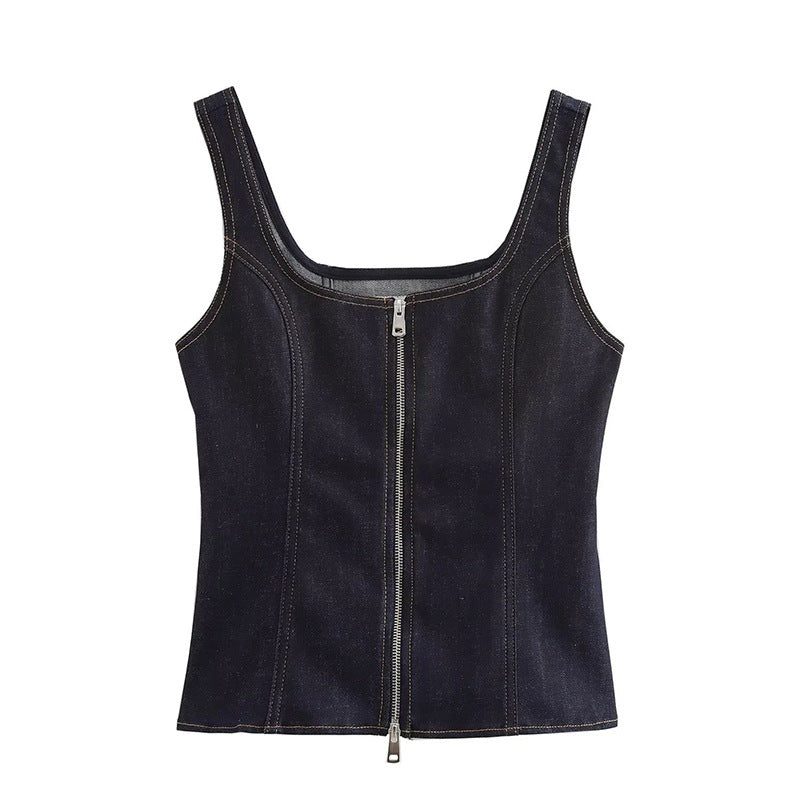 qgtao concert outfit  Women's New Style Slim Shoulder Strap Zipper Denim Vest Sleeveless Top