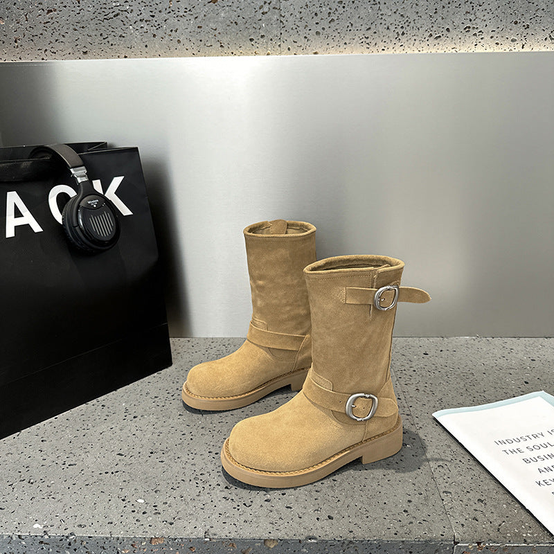 2025 [Su Yinyin] Pile boots~ Wasteland sand dunes super soft waxy thick-soled locomotive buckle belt short boots women's Martin boots