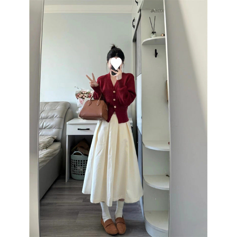 Temperament red collar long-sleeved knitted sweater women's autumn new  high-waisted skirt fashion suit women's trend