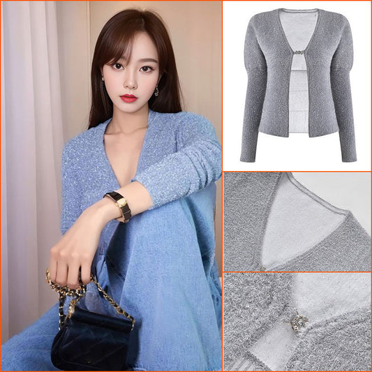 Liu Wen same small short thin bright silk knitted sweater autumn new design niche top K6053