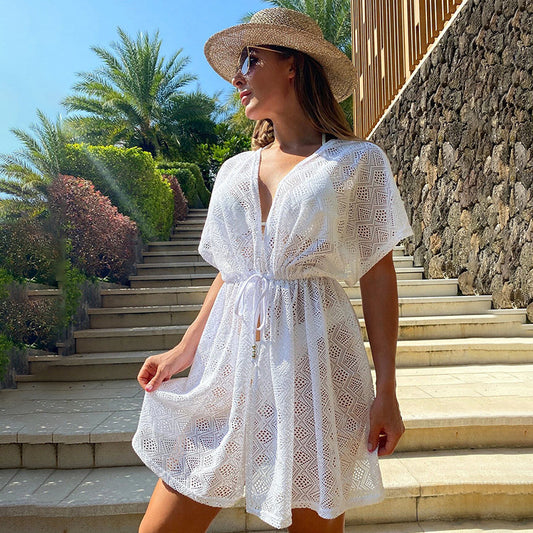 2025 summer new beach skirt women's solid color sexy lace water-soluble beach bikini swimsuit blouse sunscreen clothing