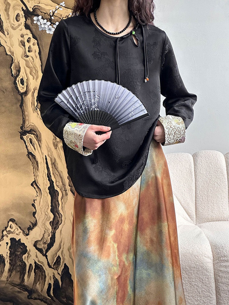 2025 , new Chinese shirt, retro national style buckle hollow satin jacquard top popular early spring new 99807