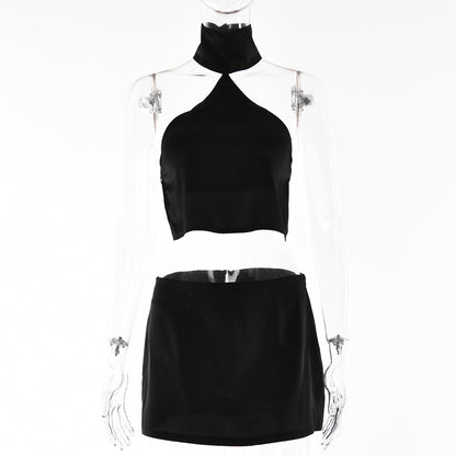 2025  style neck top short skirt set women's  autumn hot-selling new sexy backless slit two-piece set