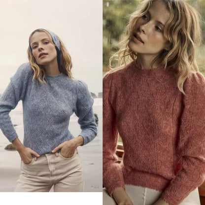 2025 n sweater manufacturer wool blended hollow bubble sleeve crochet knitted sweater lazy wind sweater women