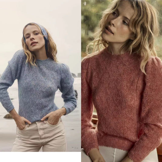 2025 n sweater manufacturer wool blended hollow bubble sleeve crochet knitted sweater lazy wind sweater women