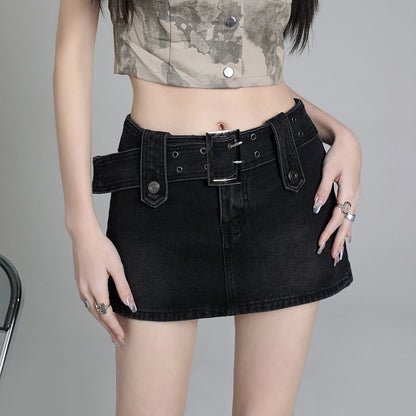 2025 Blue denim short skirt women's summer popular new high-waisted A-word thin and versatile retro n sweet short skirt