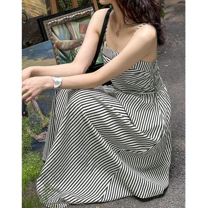 2025 popular summer new dress women's black and white striped temperament waist thin tube top sleeveless long dress 1601