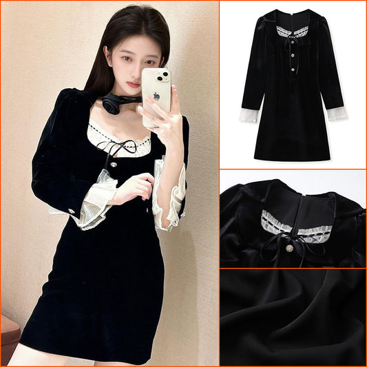 Premium super good-looking velvet dress autumn  new cuff splicing lace medium and long skirt M9170
