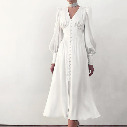 2025 spring new satin dress women's design lantern sleeves waist thin  temperament slim dress