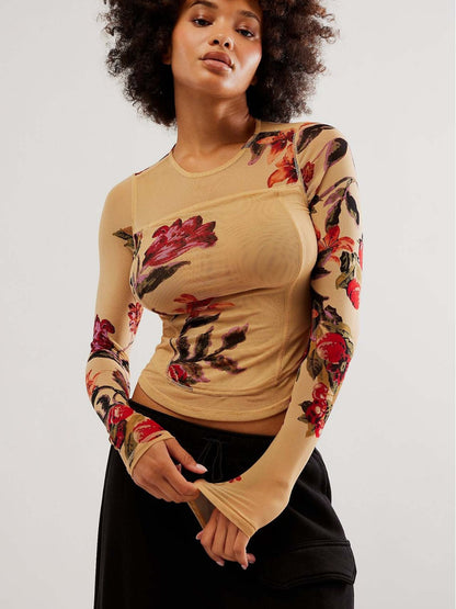 qgtao barn jacket outfits 2024 New Hot-Selling Mesh Double-Layer Spring and Summer Digital Printing Flower Hot-Selling Slim-Fit Long-Sleeved T-shirt for Women