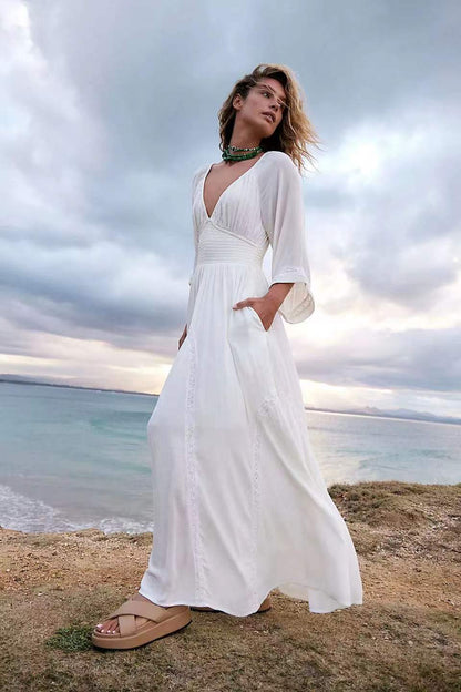 qgtao pop culture dress to impress New Solid Color Long Fashion Sexy V-neck Tight Waist Fashion Snow Chiffon Dress