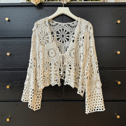 qgtao outfit inspo Bohemian Ethnic Style Hollow-out Crocheted Thin Long-Sleeved Knitted Cardigan Women's Summer Lace-up Top