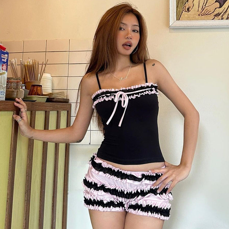 qgtao 2000s fashion Women's Clothing 2024 Summer New Fashion Lace Bow Lace-up Slim Strap Inner Shorts Suit Women