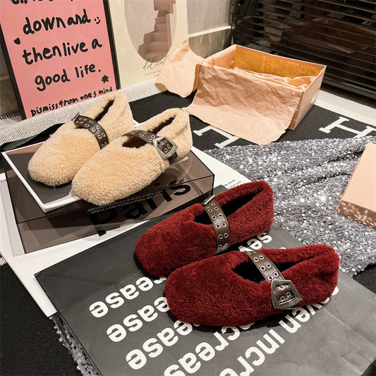 2025  Korean version of one-word Mary Jane autumn and winter new Doudou women's shoes plush flat-soled fluffy shoes single shoes cotton ladyshoes