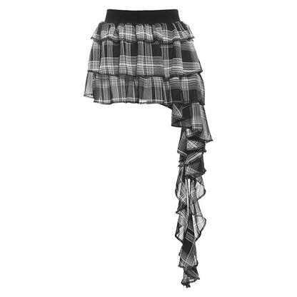 2025 style  spring new women's clothing three-dimensional ruffle edge splicing design high-waisted plaid skirt