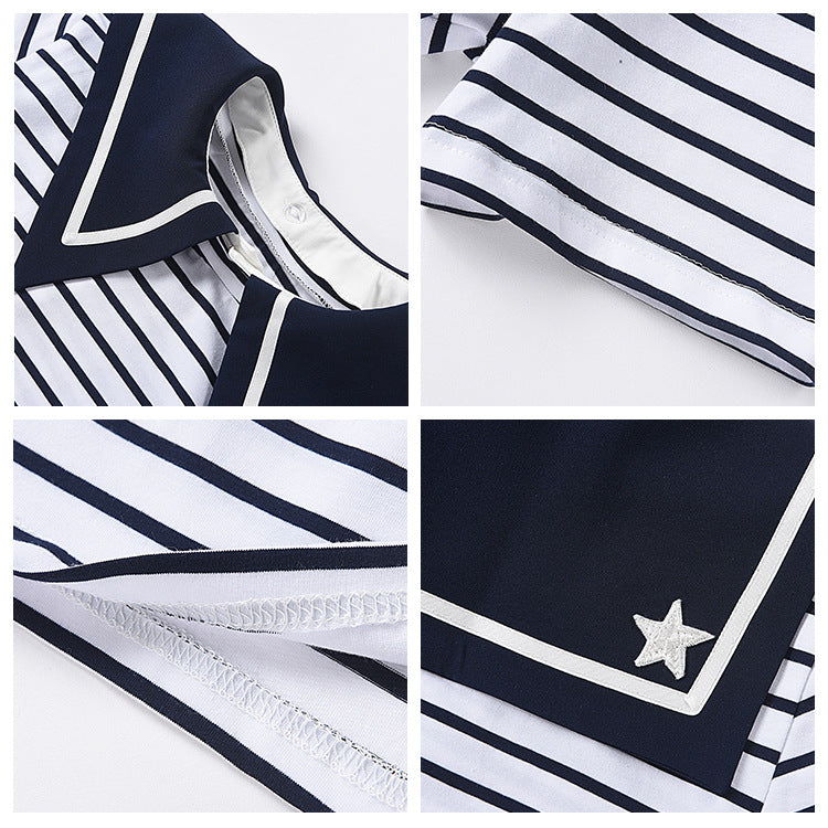 Summer Women's Solid Color Doll Collar Short Sleeve Cotton T-Shirt Women's Summer Loose Stripe Spice Girl Short Top Women's