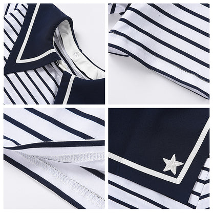 Summer Women's Solid Color Doll Collar Short Sleeve Cotton T-Shirt Women's Summer Loose Stripe Spice Girl Short Top Women's