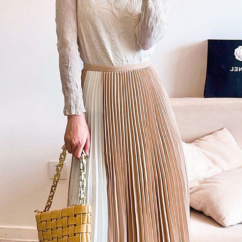 versatile a-word thin skirt women's spring and summer fashion high-end contrasting colors irregular pleated umbrella skirt pleated skirt