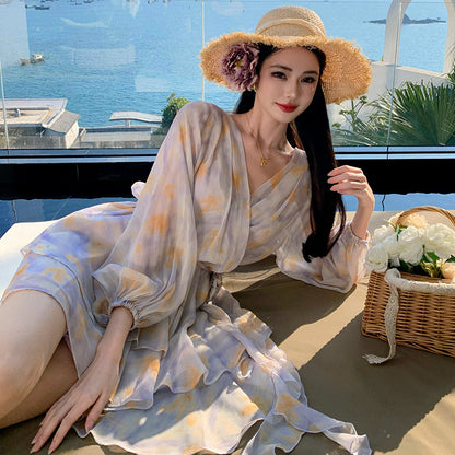 2025 Super fairy photo good-looking purple V-neck chiffon floral dress waist fairy cake short skirt seaside vacation
