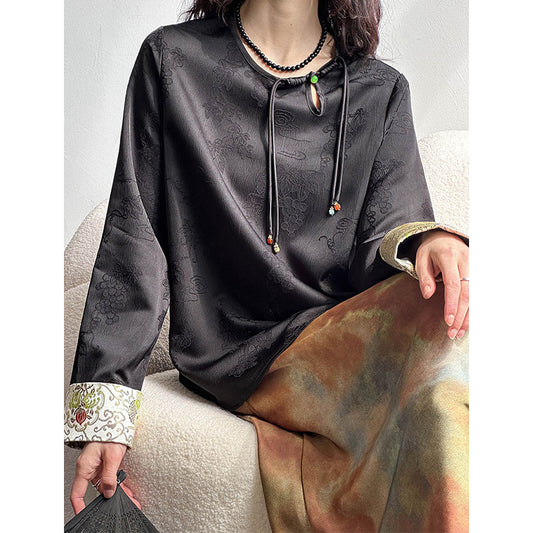 2025 , new Chinese shirt, retro national style buckle hollow satin jacquard top popular early spring new 99807