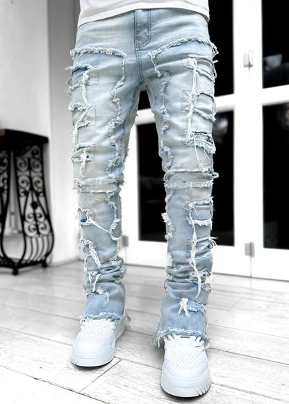 2025 Cross-border new men's denim straight pants, 2025 street fashion ins popular elastic sticker denim straight pants