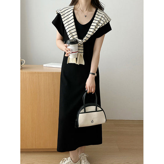 2025 popular summer Korean simple casual  temperament solid color round neck retro niche slim 2342-1