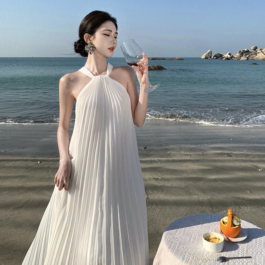 2025 holiday style elegant white pleated A word sleeveless neck dress women's summer seaside photo long skirt