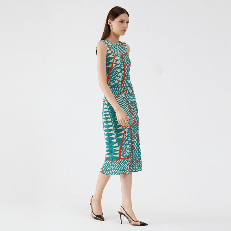2025 summer new niche personality geometric women's clothing medium and long slim temperament Miyake bottoming dress women's models