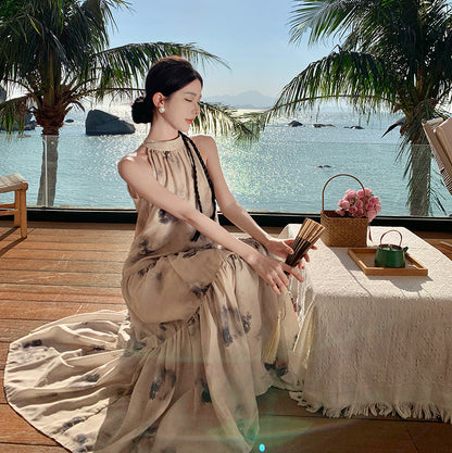 2025 New Chinese style temperament printed long dress apricot high-end sleeveless dress women loose and thin wear women's clothing