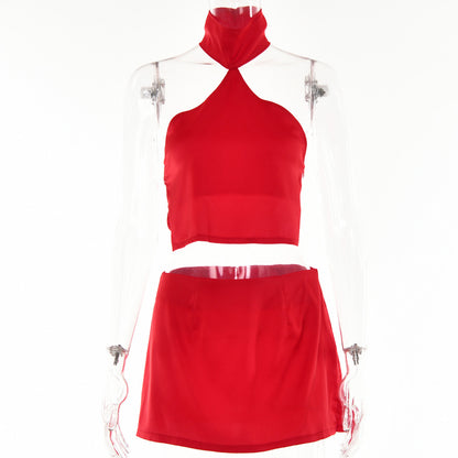 2025  style neck top short skirt set women's  autumn hot-selling new sexy backless slit two-piece set