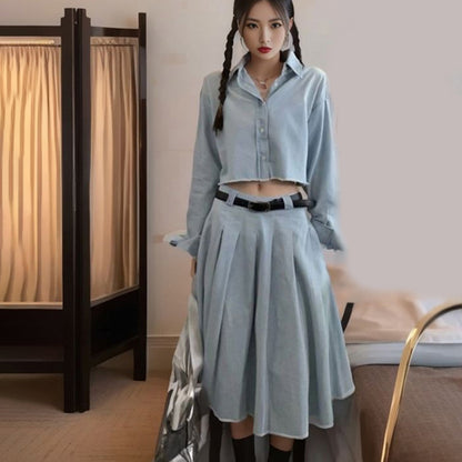 Retro Celebrity Style Long Sleeve Shirt Women's Low Waist Skinny Skirt Fashion Spice Girl Suit Two-piece Set k5120