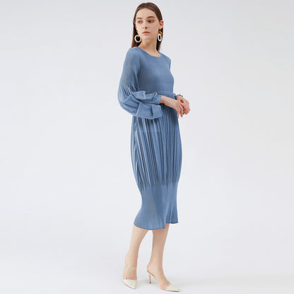 2025 spring simple design girly feeling fresh and sweet pleated bubble sleeves lantern dress dress dress medium and long dress women
