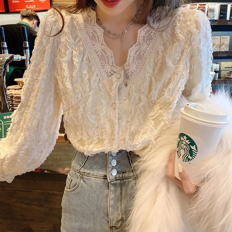 popular spring new V-neck lace golden velvet with Popular style top temperament thin shirt women's spot