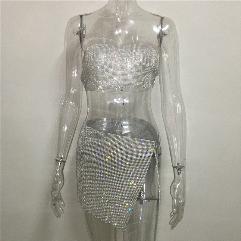 qgtao dti outfits Fashion Nightclub Women's Personalized Rhinestone Metal Tube Top Skirt Suit Hot Girl Flash Diamond Top