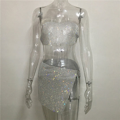 qgtao dti outfits Fashion Nightclub Women's Personalized Rhinestone Metal Tube Top Skirt Suit Hot Girl Flash Diamond Top