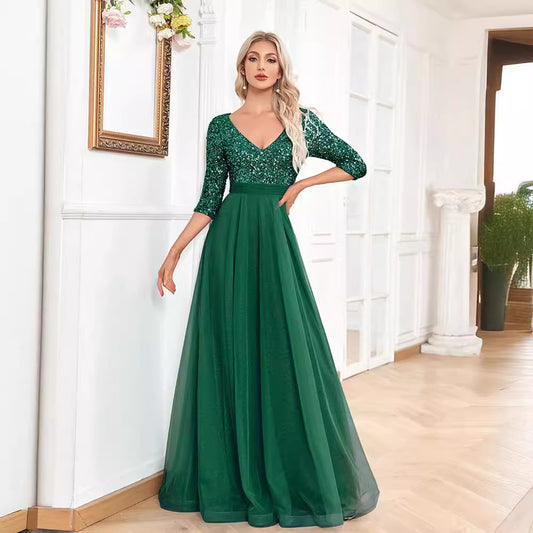 2025new  V-neck short-sleeved sequined tulle A-word landing elegant dance evening dress fashion party dress