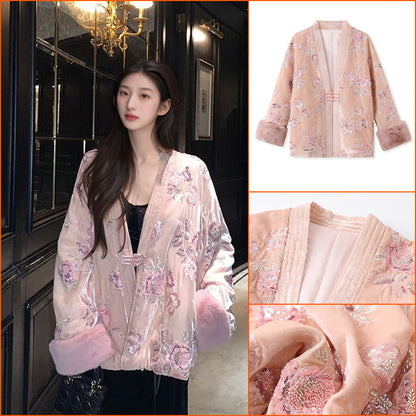 new autumn and winter new Chinese style embroidery printing noble temperament loose cotton jacket women MX079