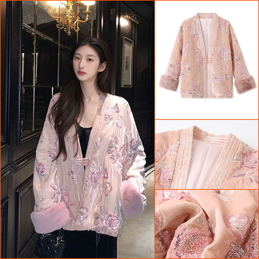 new autumn and winter new Chinese style embroidery printing noble temperament loose cotton jacket women MX079