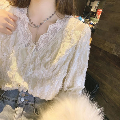 popular spring new V-neck lace golden velvet with Popular style top temperament thin shirt women's spot