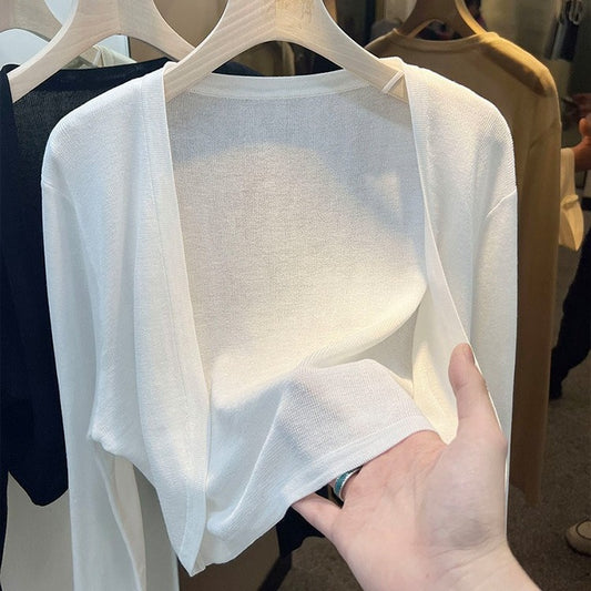 White short ice silk knitted cardigan women's thin 2025 summer suspender skirt with tulle jacket outside, air-conditioned blouse